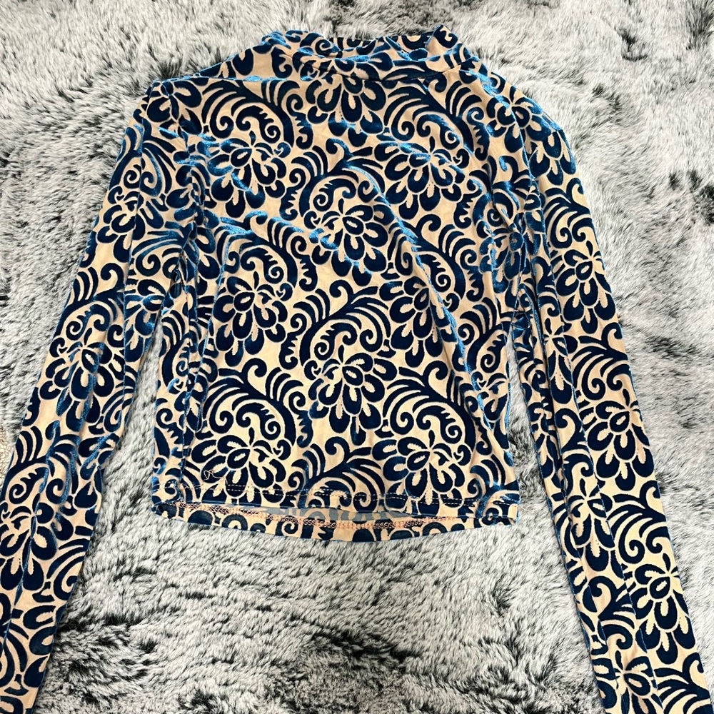 Mesh Mock Crop Top In Color Blue Velvet/ Nude